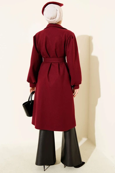 Kruvaze Yaka Balon Kol Kuşaklı Kaşe Kaban Bordo - Resim 3