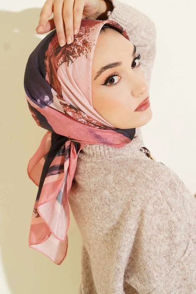 Şerit Geçişli Desen Detaylı Eşarp Somon ürün görseli 1