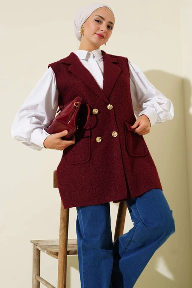 Kruvaze Yaka Düğmeli Detaylı Yelek Bordo - Resim 2