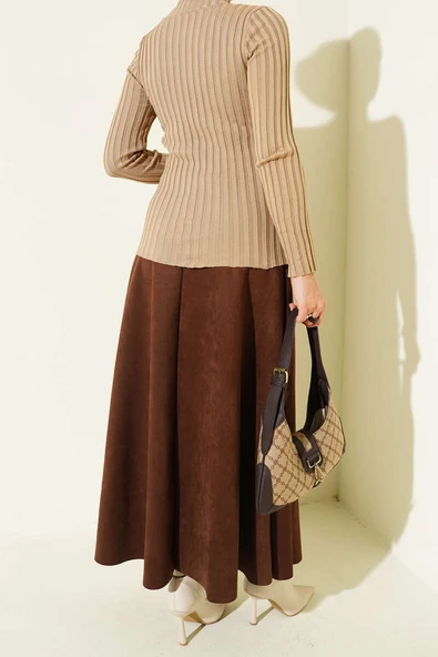 Bel Lastikli Süet Etek Kahve - Resim 3