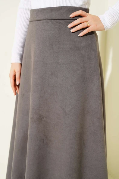 Bel Lastikli Süet Etek Füme - Resim 4