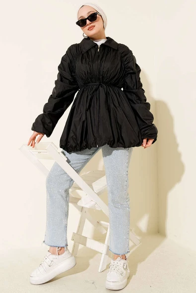 Kol Büzgülü Fermuarlı Trençkot Siyah - Resim 2