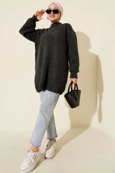 Selanik Örgü Yumoş Triko Tunik Füme - Resim 2