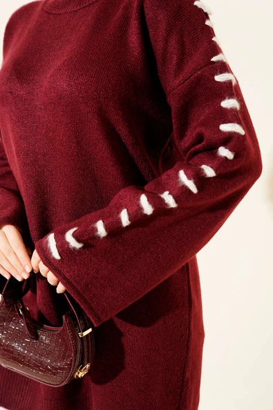 Kol Bağcık Detaylı Triko Tunik Bordo - Resim 4