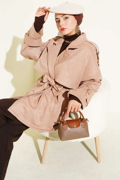 Süet Pelerinli Kuşaklı Trençkot Bej ürün görseli 1