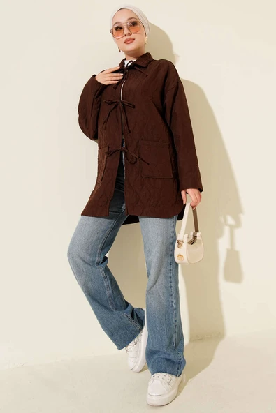 Dalga Desen Kapitone Ceket Kahve - Resim 2