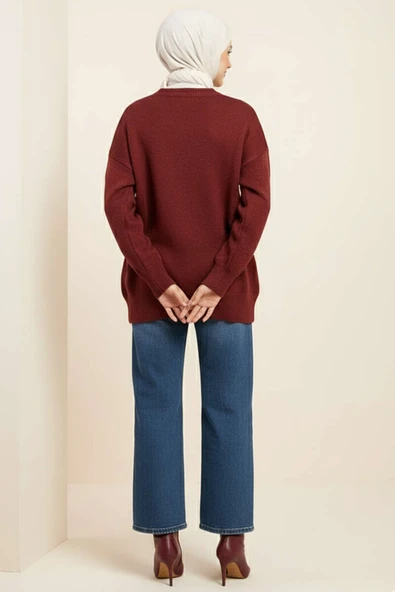 Baklava Desen Triko Kazak Bordo Lacivert - Resim 3