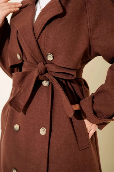 Omuz Apoletli Düğme Detaylı Kaşe Kaban Kestane - Resim 4