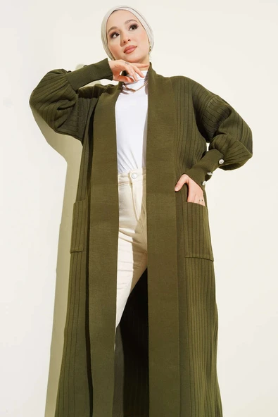 Kol Ucu Düğmeli Şal Yaka Triko Hırka Haki - Resim 2