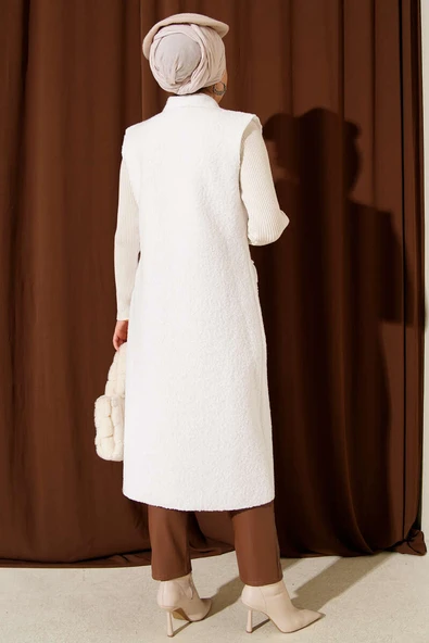 Düğmeli Uzun Buklet Yelek Beyaz - Resim 3