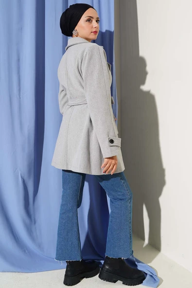 Kruvaze Yaka Kuşak Detaylı Kısa Kaşe Kaban Gri - Resim 3