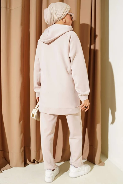 Kapüşonlu Cepli Leoparlı Scuba İkili Takım Bej - Resim 3