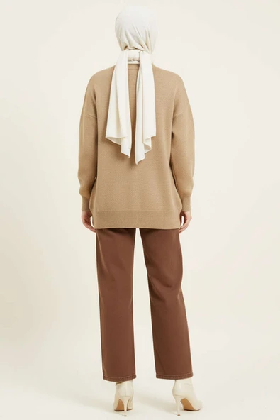 Baklava Desen Triko Kazak Latte Kahve - Resim 3