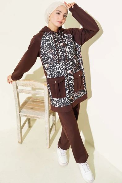 Kapüşonlu Cepli Leoparlı Scuba İkili Takım Kahve ürün görseli 1