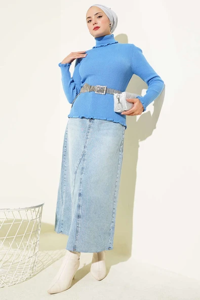 Balıkçı Yaka Fırfırlı Triko Kazak Mavi - Resim 2