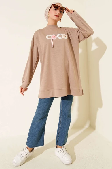 Loyşa Coco Yazı Süslemeli Tunik Bej - Resim 2