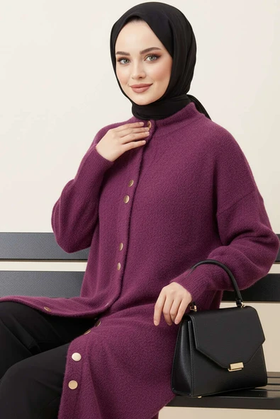 Metal Düğmeli Uzun Sakallı Hırka Mürdüm - Resim 2