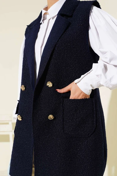 Kruvaze Yaka Düğmeli Detaylı Yelek Lacivert - Resim 4