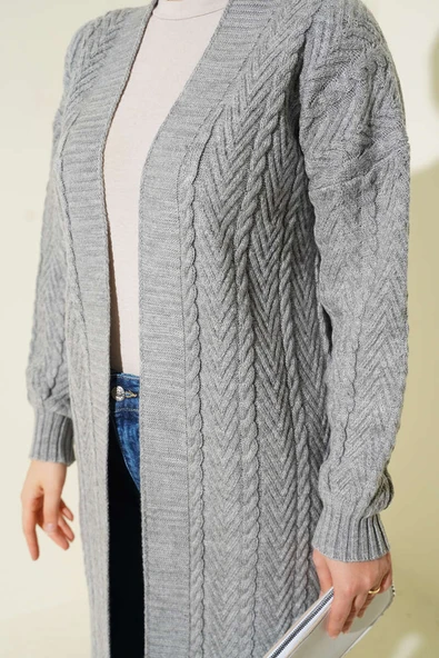 Örgü Büzgülü Uzun Triko Hırka Gri - Resim 4