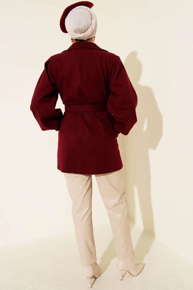 Balon Kol Kuşaklı Kısa Kaban Bordo - Resim 3