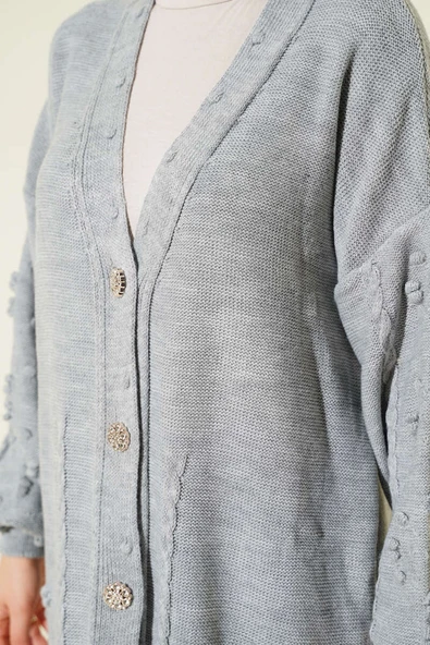 Taşlı Düğmeli Triko Hırka Gri - Resim 4