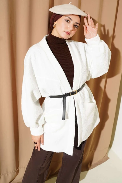 Yarasa Kol Kemerli Buklet Ceket Beyaz - Resim 2