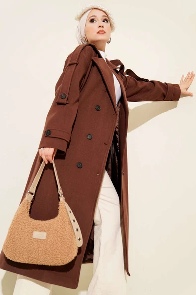 Kuşaklı Düğme Detaylı Kaşe Kaban Tarçın ürün görseli 1