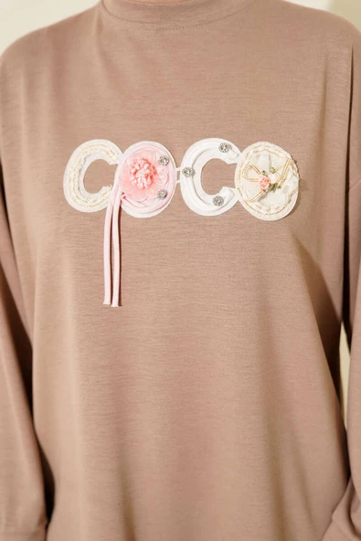 Loyşa Coco Yazı Süslemeli Tunik Bej - Resim 4