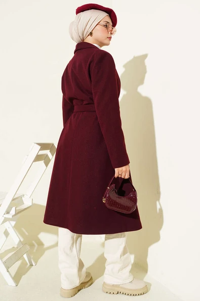 Kruvaze Yaka Cepli Kaşe Kaban Bordo - Resim 3