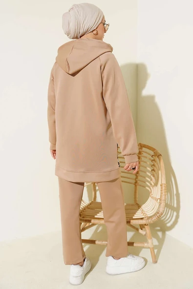 Kapüşonlu Cepli Leoparlı Scuba İkili Takım Latte - Resim 3