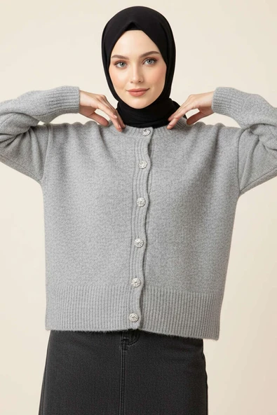 Taş Düğmeli Yumoş Triko Kısa Hırka Gri ürün görseli