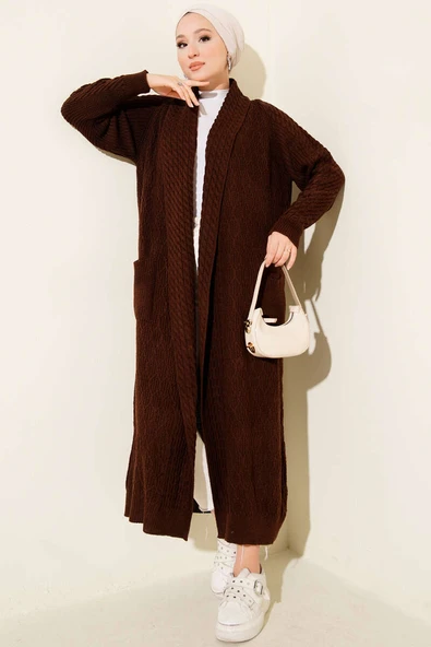 Şal Yaka Örgü Kabartmalı Triko Hırka Kahve ürün görseli