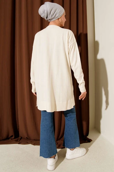 Büyük Çiçek Desenli Triko Tunik Ekru - Resim 3