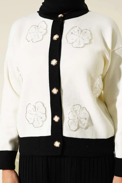 Çiçek Desenli Etekli Triko İkili Takım Siyah - Resim 4