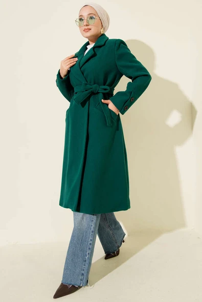 Kol Düğmeli Kuşaklı Kaşe Kaban Zümrüt - Resim 2