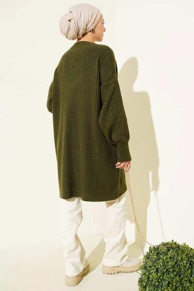 Asimetrik Kabartma Çizgili Triko Tunik Haki - Resim 3