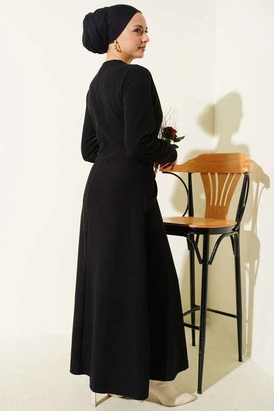 Gold Tokalı Fitilli Elbise Siyah - Resim 3