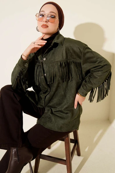 Püsküllü Düğmeli Süet Ceket Haki ürün görseli 1