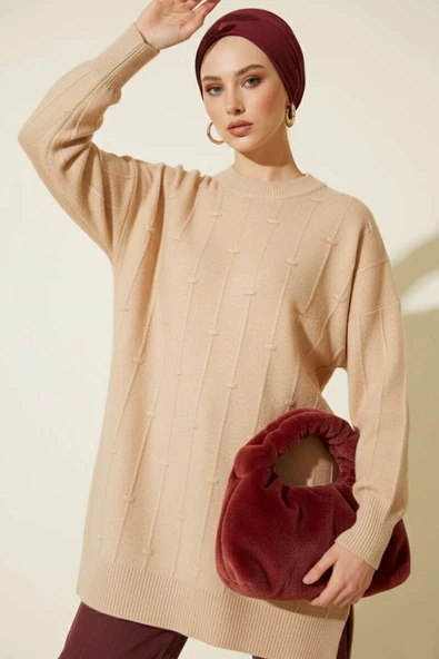 Damla Kabartmalı Yumoş Triko Tunik Latte ürün görseli