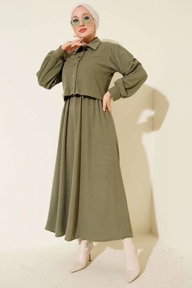 Önü Düğmeli İkili Takım Elbise Haki - Resim 2
