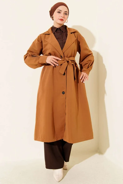 Kruvaze Yaka Kuşak Detaylı Trençkot Latte - Resim 2
