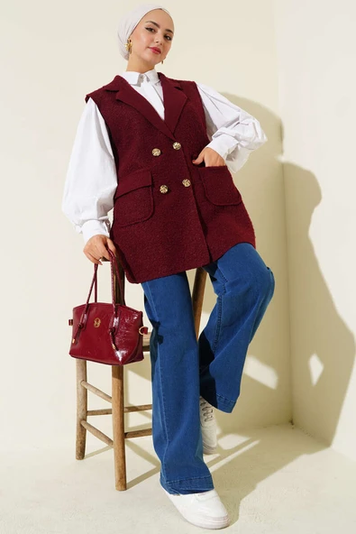 Kruvaze Yaka Düğmeli Detaylı Yelek Bordo ürün görseli