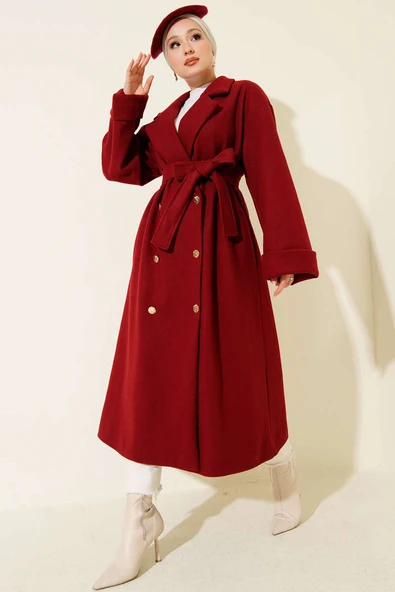 Gold Düğmeli Kruvaze Kaşe Kaban Bordo - Resim 2