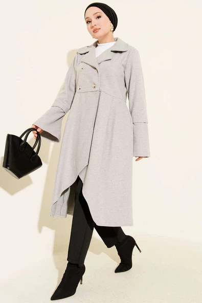 Kruvaze Yaka Asimetrik Kaşe Kaban Gri ürün görseli 1