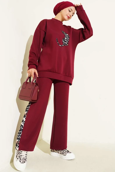 Leopar Figürlü Scuba İkili Takım Bordo ürün görseli 1