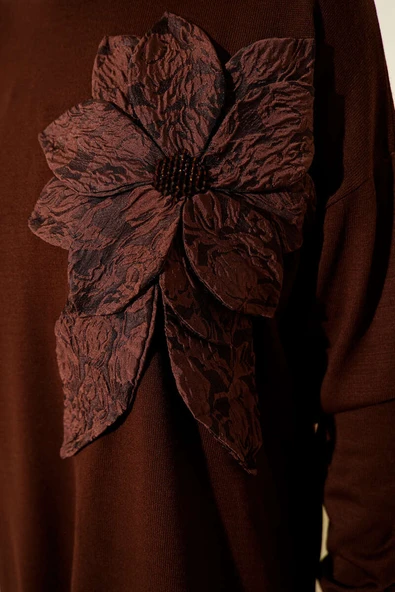 Büyük Çiçek Desenli Triko Tunik Kahve - Resim 4