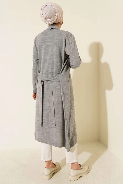 Yandan Dikişli Bağcıklı Hırka Gri - Resim 3