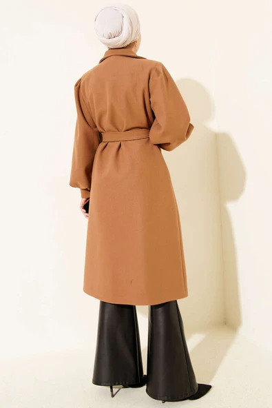 Kruvaze Yaka Balon Kol Kuşaklı Kaşe Kaban Camel - Resim 3