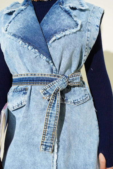 Püskül Detaylı Cep Kapaklı Kot Yelek Kot Mavisi - Resim 4