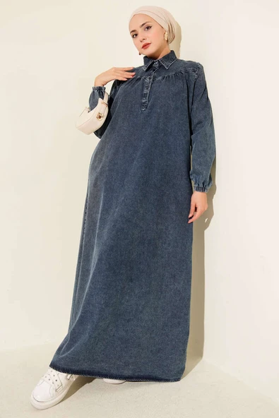 Gömlek Yaka Düğmeli Kot Elbise Koyu Mavi ürün görseli 1